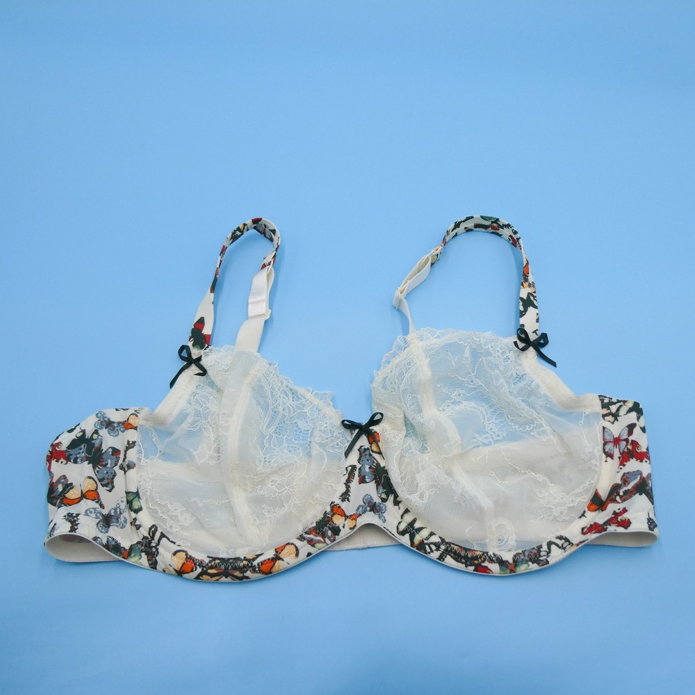Adore Me Bra Womens 44DD Butterfly Print White Lace Bow Accents Nylon Spandex
